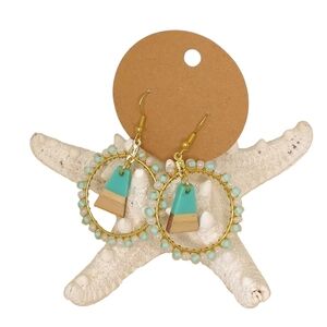 BeachNSeas, Dangling Hoop Earrings, Wood, Glass, Turquoise, Womens Jewelry